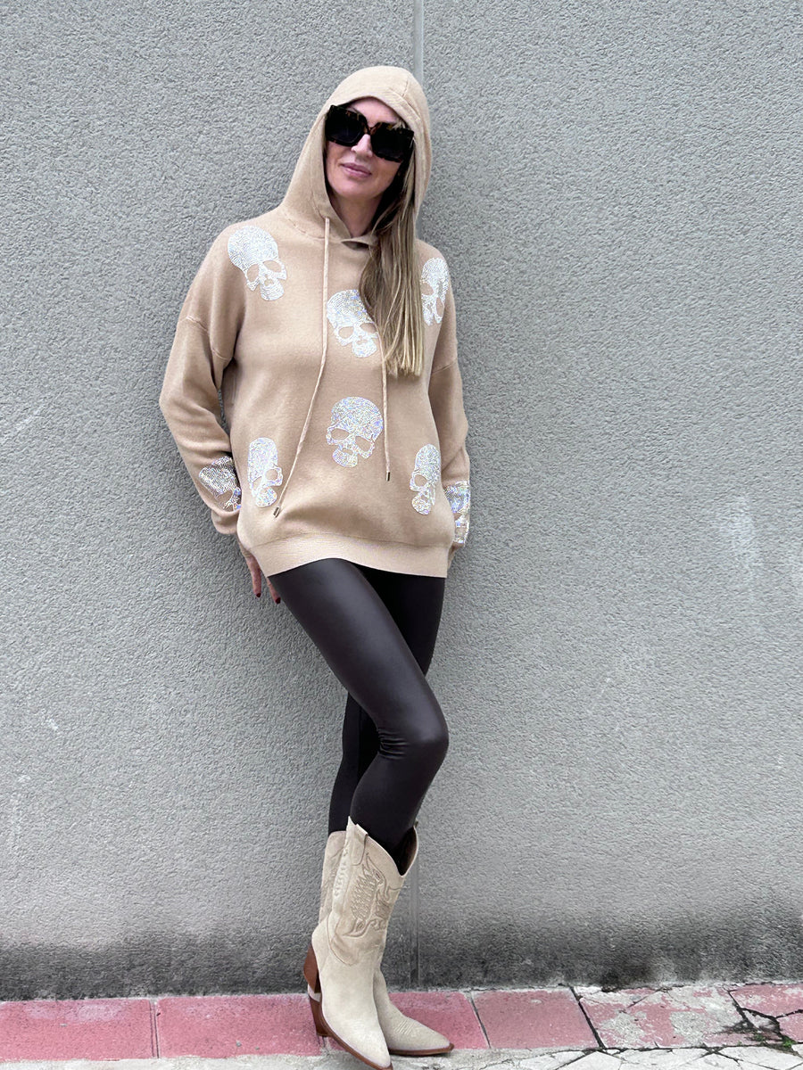 Soft knit and rhinestone hooded sweater