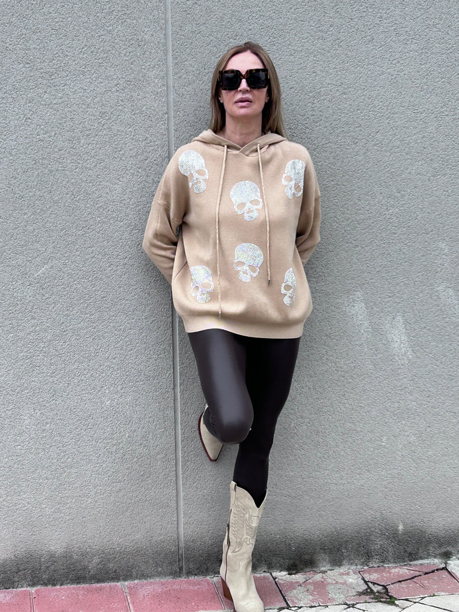 Soft knit and rhinestone hooded sweater