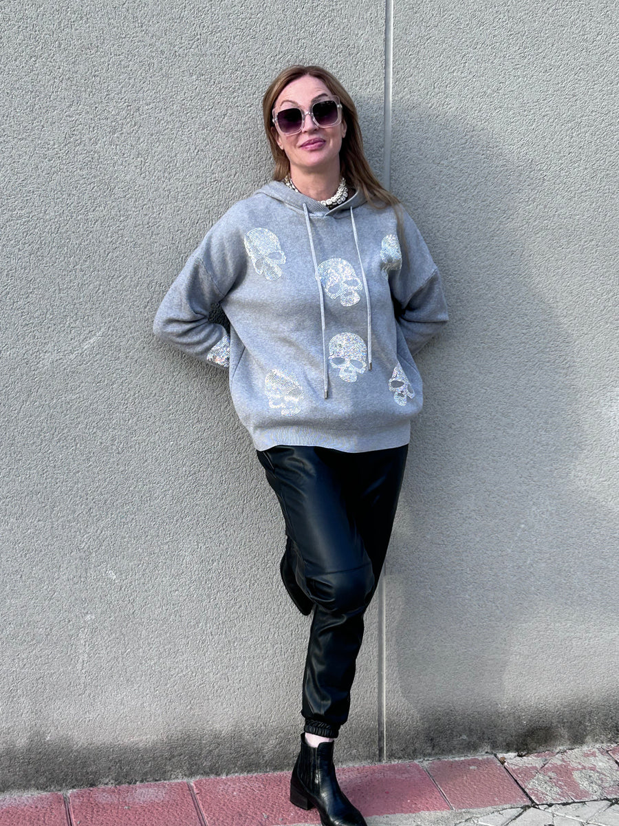 Soft knit and rhinestone hooded sweater