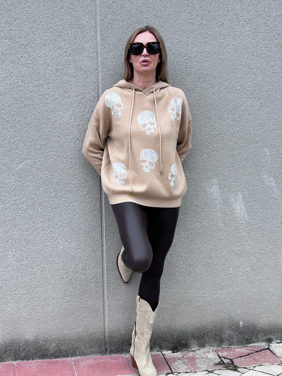 Soft knit and rhinestone hooded sweater