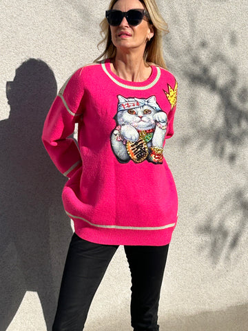 Soft knit jumper with rhinestone cat