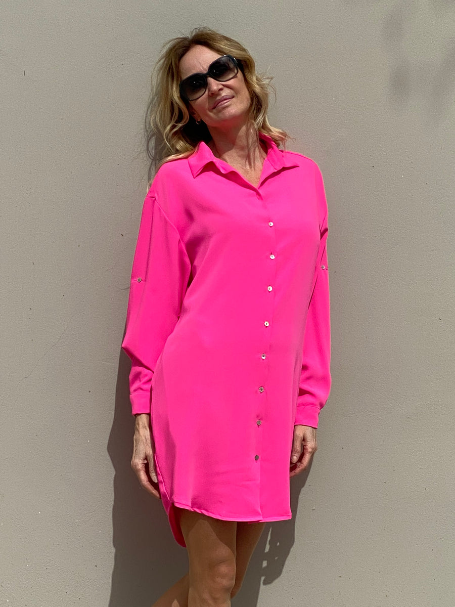 LIMA dress in fluor pink LIMITED EDITION smooth polyester fabric 