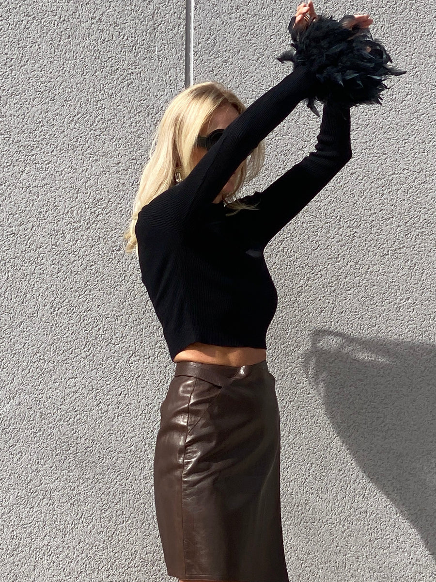 Ribbed knit cropped jumper with feather cuffs