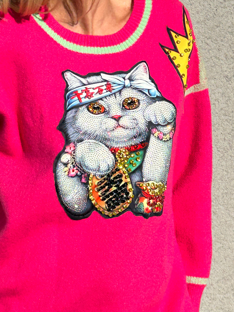 Soft knit jumper with rhinestone cat