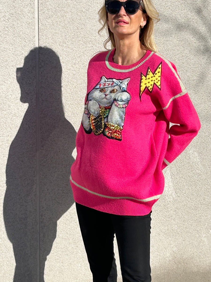 Soft knit jumper with rhinestone cat